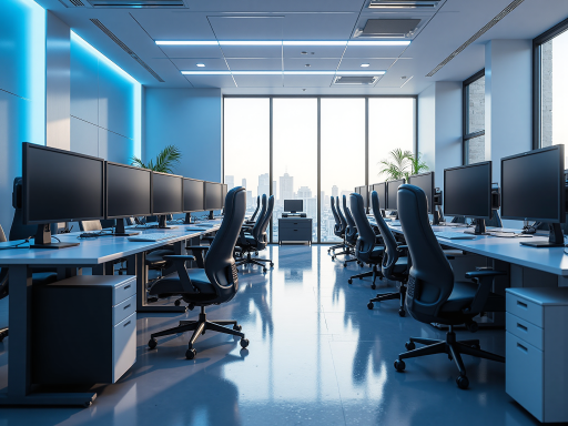 现代化办公室背景，展示科技与人文融合的环境，明亮自然光，蓝色调装饰元素